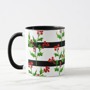 Caneca Padrão de Stripe Moderna Holly de Natal em Aquarel