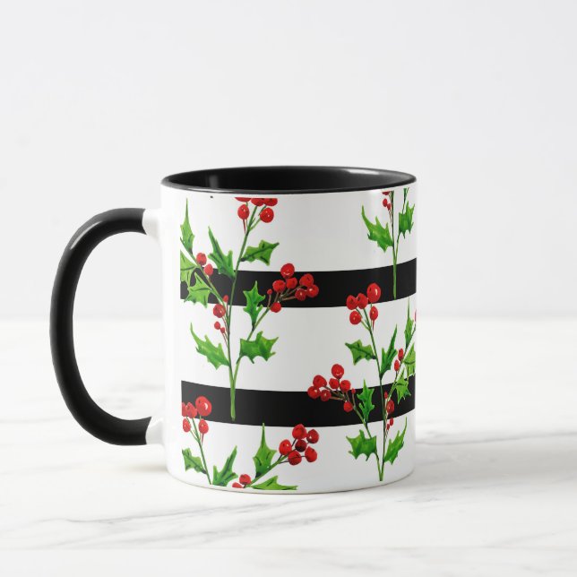 Caneca Padrão de Stripe Moderna Holly de Natal em Aquarel (Esquerda)
