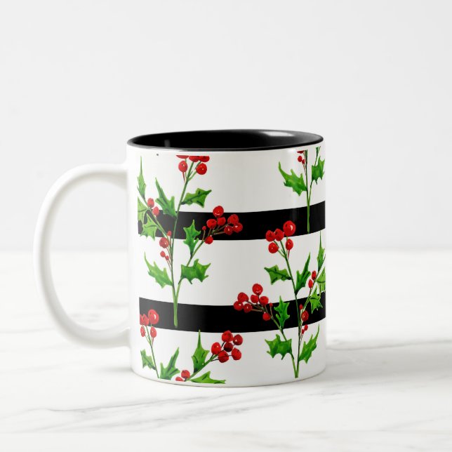 Caneca Padrão de Stripe Moderna Holly de Natal em Aquarel (Esquerda)