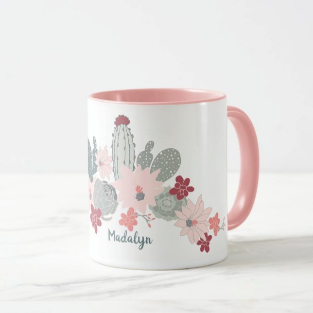 Caneca Padrão De Sucultivos Rosa Cactus Cute Com Nome (Criador carregado)