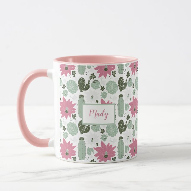 Caneca Padrão De Sucultura De Cactus Cute Com Nome (Esquerda)