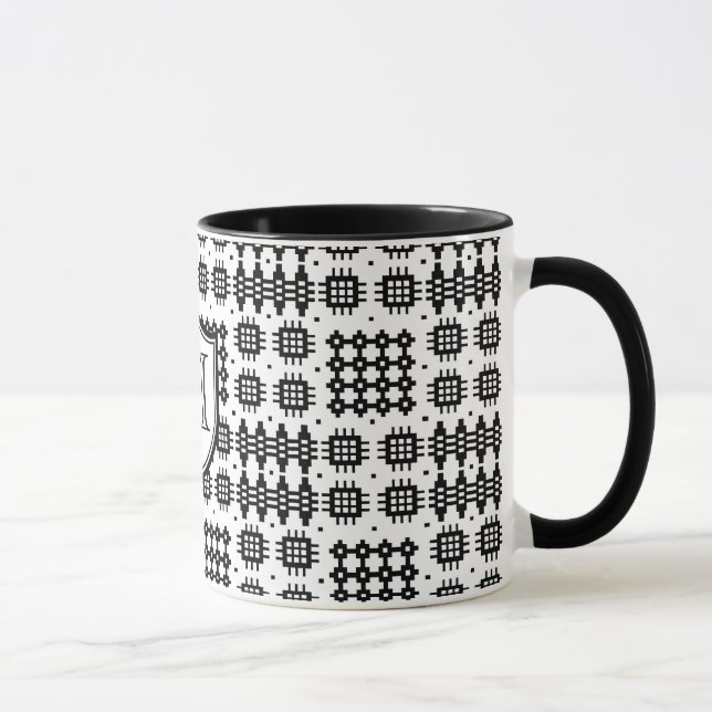 Caneca Padrão de tapeçaria do Galês Faux Monograma Preto, (Direita)
