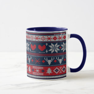 Caneca Padrão de Tricô Fair Isle Natal Azul Vermelho
