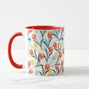 Caneca Padrão de Tulipas Vibrante Design Floral em Branco