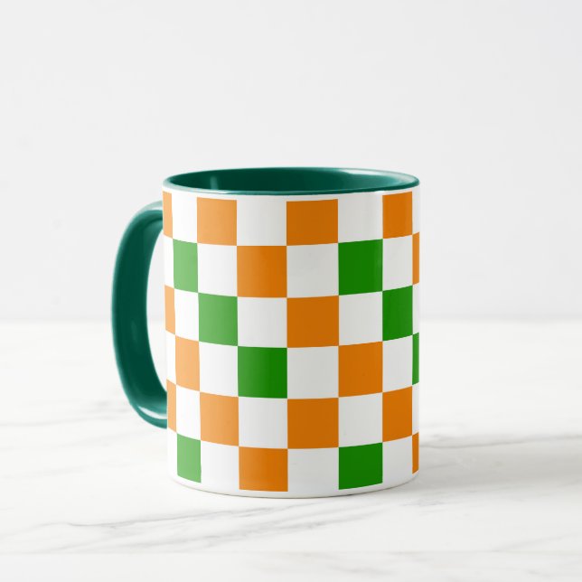 Caneca Padrão de xadrez laranja branco e verde Design  (Frente Esquerda)