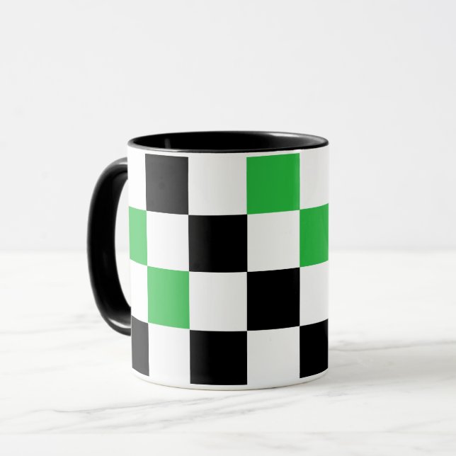 Caneca Padrão de xadrez verde preto e branco (Frente Esquerda)