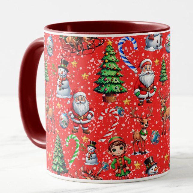 Caneca Padrão Decorativo de Natal com Fundo Vermelho (Criador carregado)