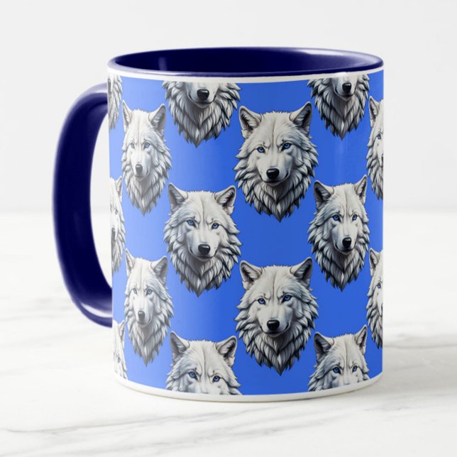 Caneca Padrão Design Azul da Cabeça do Lobo Branco (Criador carregado)