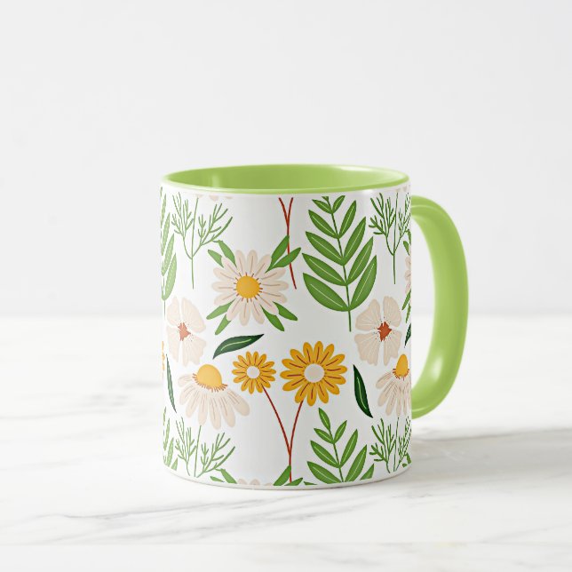 Caneca Padrão floral amarelo-ouro e branco de marfim (Frente Esquerda)