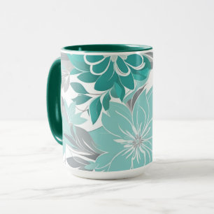 Caneca Padrão Floral, Aqua, Teal, Turquesa e Cinzas