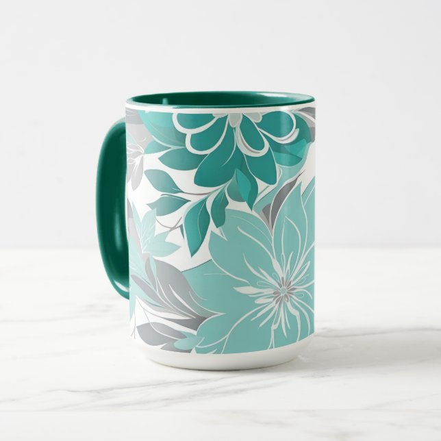 Caneca Padrão Floral, Aqua, Teal, Turquesa e Cinzas (Frente Esquerda)