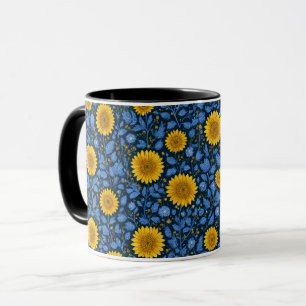 Caneca Padrão Floral Azul Girassol Amarelo Vintage