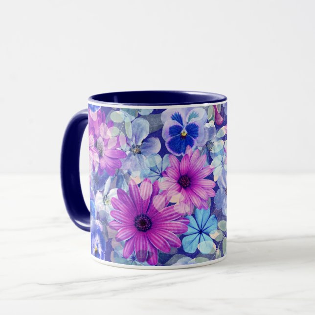 Caneca Padrão Floral Azul Magenta Rosa (Frente Esquerda)