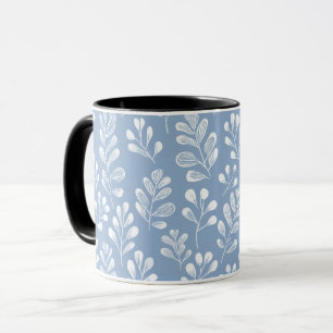 Caneca Padrão Floral Azul Suave Escandinavo Branco Folha