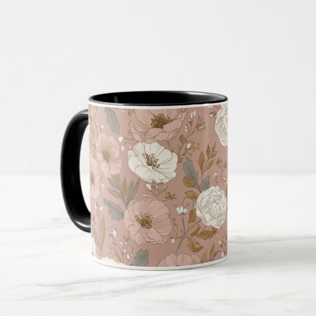 Caneca Padrão Floral Bege Flor Boho Rosa Empoeirado (Frente Esquerda)