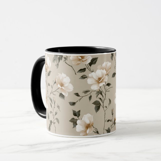 Caneca Padrão Floral Bege Rosa Branco Suave  (Frente Esquerda)