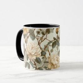 Caneca Padrão Floral Bege Rosa Creme Romântico