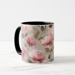 Caneca Padrão Floral Bege Rosa Suave Aquarela