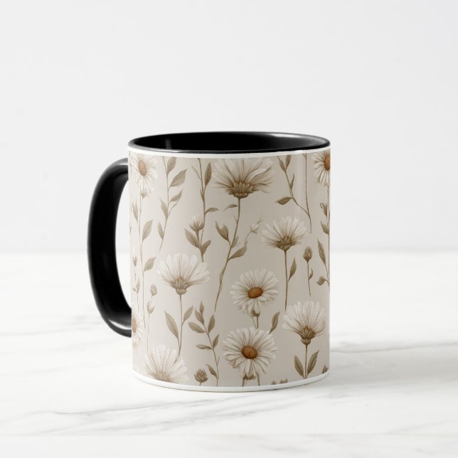 Caneca Padrão Floral Boho Terra Tom de Bege Daisy (Frente Esquerda)