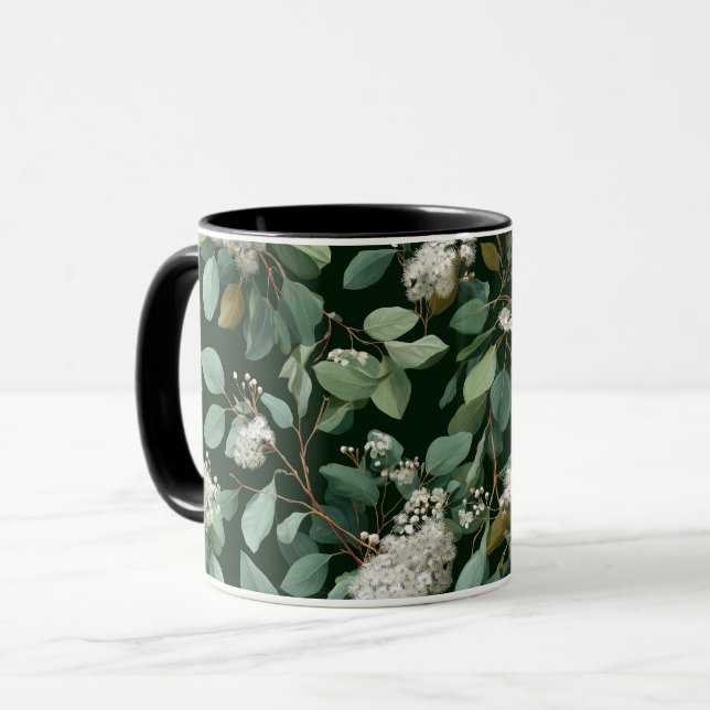 Caneca Padrão Floral Branco de Eucalipto Verde Botânico (Frente Esquerda)