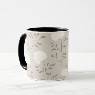 Caneca Padrão Floral Branco de Peônia Creme Minimalista