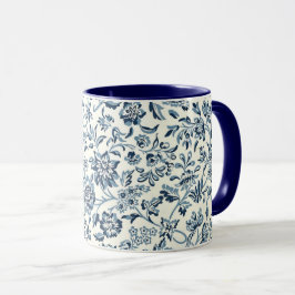 Caneca Padrão floral branco e azul de vinheta