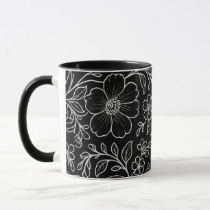 Caneca Padrão Floral Branco Elegante Preto