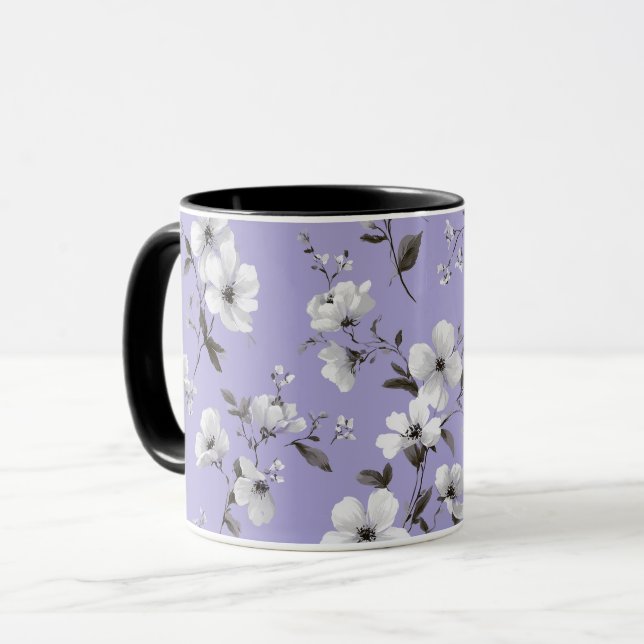 Caneca Padrão Floral Branco Flor de Lavanda Suave (Frente Esquerda)