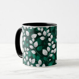 Caneca Padrão Floral Branco Folha Esmeralda Elegante