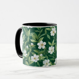 Caneca Padrão Floral Branco Folha Verde Aquarela