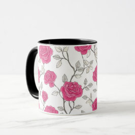 Caneca Padrão Floral Branco Rosa Rosa Desenhada à Mão