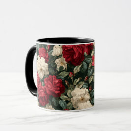 Caneca Padrão Floral Branco Rosa Vermelha Clássica