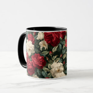 Caneca Padrão Floral Branco Rosa Vermelha Clássica