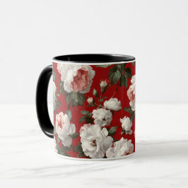 Caneca Padrão Floral Branco Rosa Vermelha Clássica