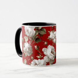 Caneca Padrão Floral Branco Rosa Vermelha Clássica