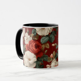 Caneca Padrão Floral Branco Rosa Vermelha Clássico
