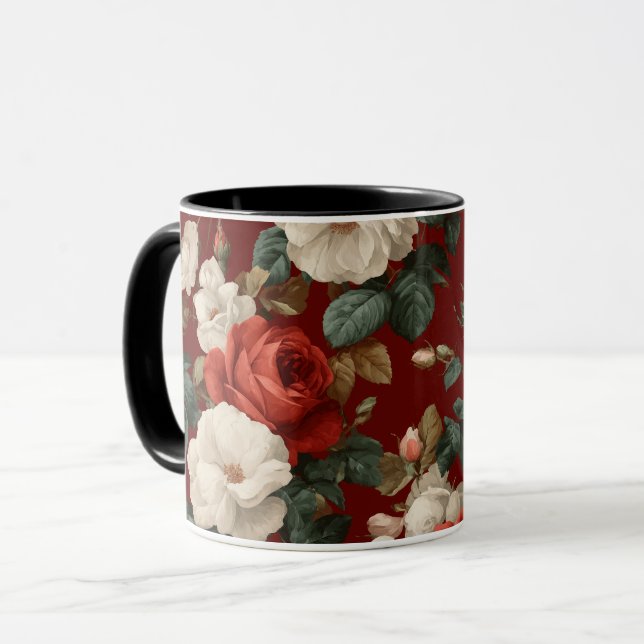 Caneca Padrão Floral Branco Rosa Vermelha Clássico (Frente Esquerda)