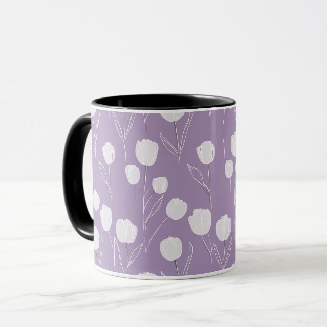 Caneca Padrão Floral Branco Tulipa Lavanda Moderna (Frente Esquerda)