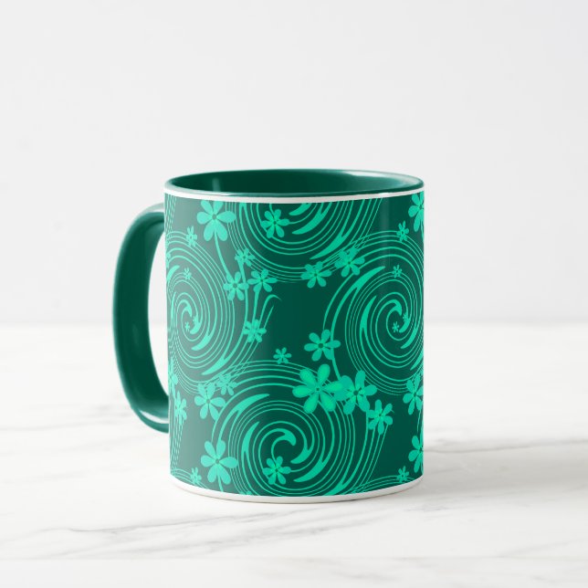 Caneca padrão floral brilhante de turquesa verde (Frente Esquerda)