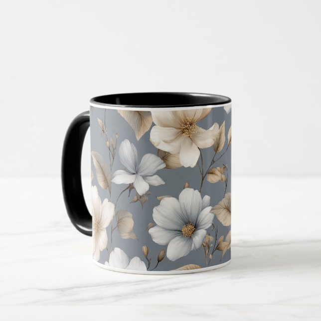 Caneca Padrão Floral Cinza Flor Neutro Chic (Frente Esquerda)