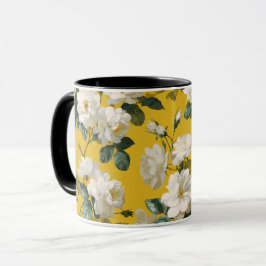 Caneca Padrão Floral Clássico Amarelo Rosa Branco