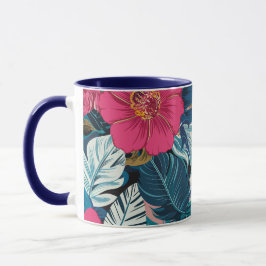 Caneca Padrão Floral com Hibiscus Rosa e Folhagem Azul