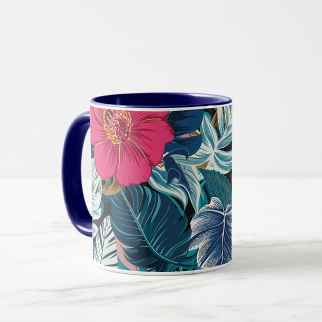 Caneca Padrão Floral com Hibiscus Rosa e Folhagem Azul (Frente Esquerda)