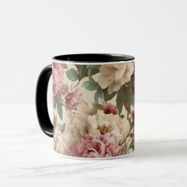 Caneca Padrão Floral Creme Peônia Bege Vintage