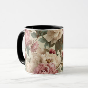 Caneca Padrão Floral Creme Peônia Bege Vintage