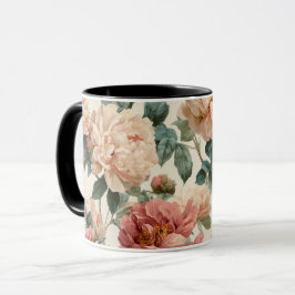 Caneca Padrão Floral Creme Peônia Bege Vintage