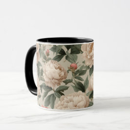 Caneca Padrão Floral Creme Peônia Bege Vintage