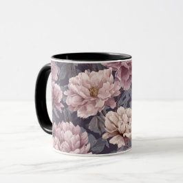 Caneca Padrão Floral Creme Peônia Roxa Romântica
