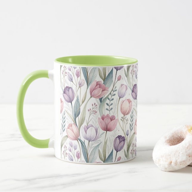 Caneca Padrão Floral das Tulipas Escandinavas (Com Donut)