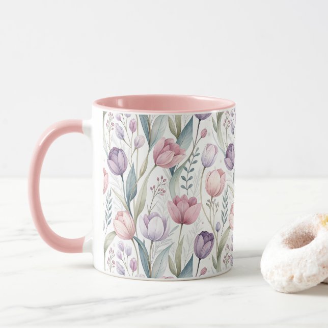 Caneca Padrão Floral das Tulipas Escandinavas (Com Donut)